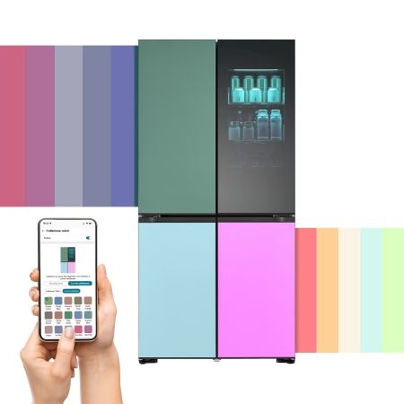 Frigorifero chiuso con porte colorate, bande di colori laterali e smartphone con app LG ThinQ