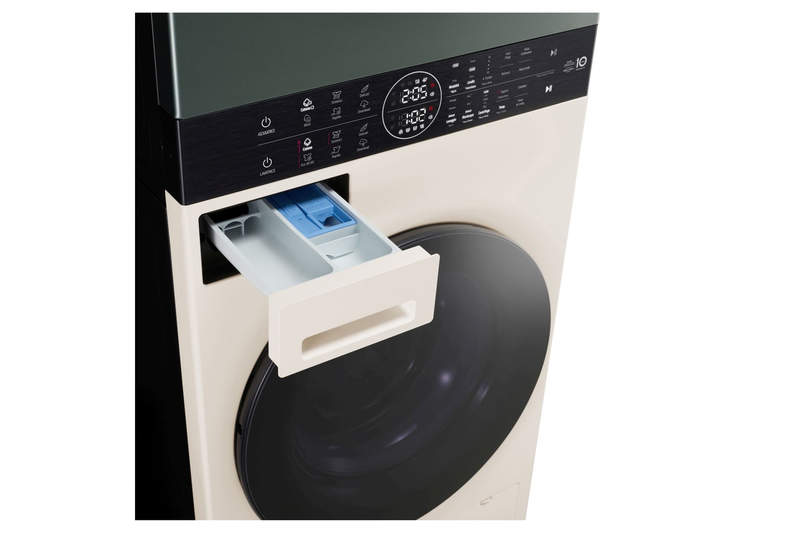 Vista angolata da sinistra con cassetto del detersivo aperto