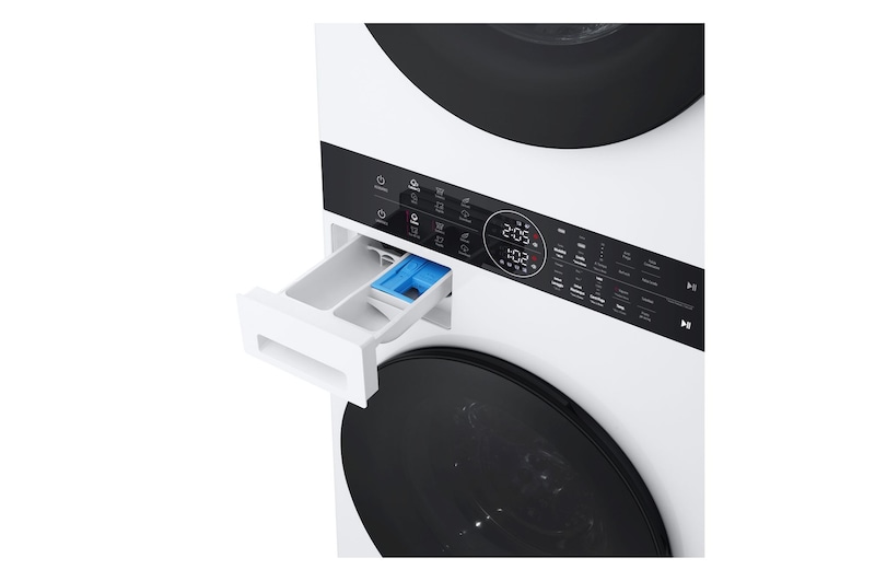 Vista angolata da sinistra con cassetto del detersivo aperto