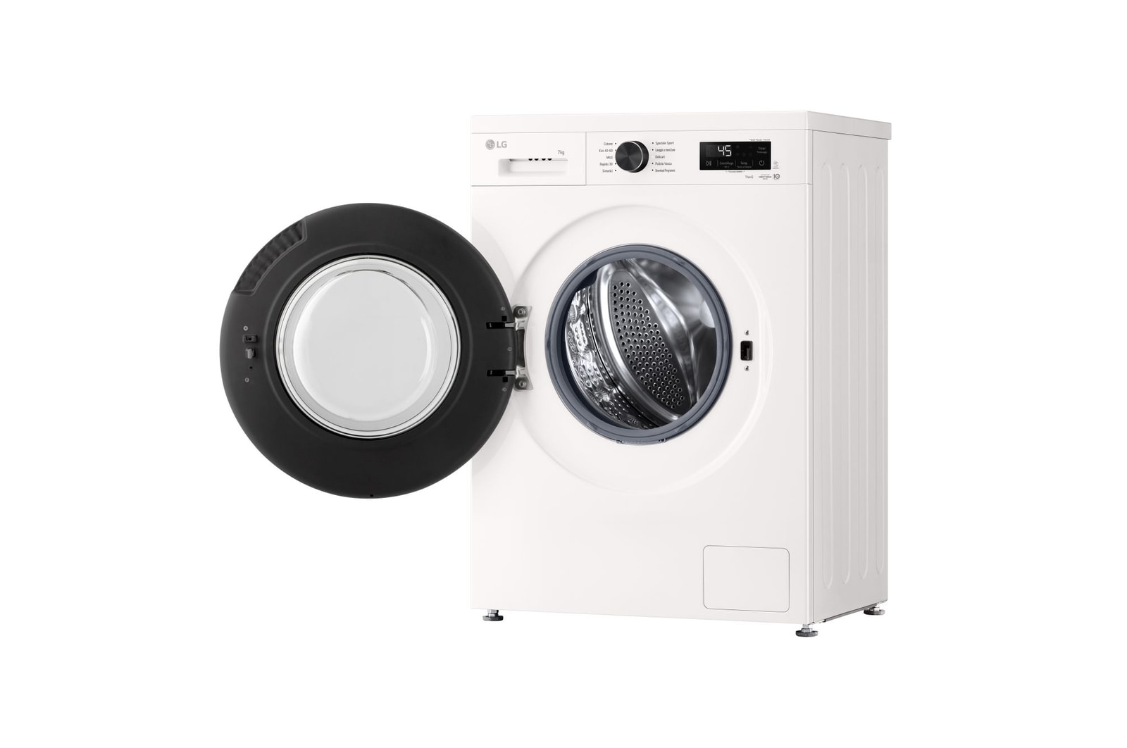 Vista angolata con oblò aperto lavatrice LG F2NX10S7NWB.