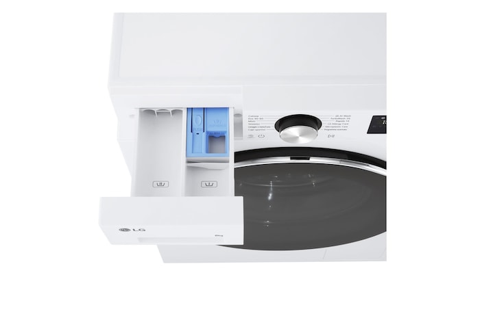 Foto dall'alto con vista vaschetta detersivo aperto lavatrice LG F2NX50S8TCL Serie X5 Classe A-30%