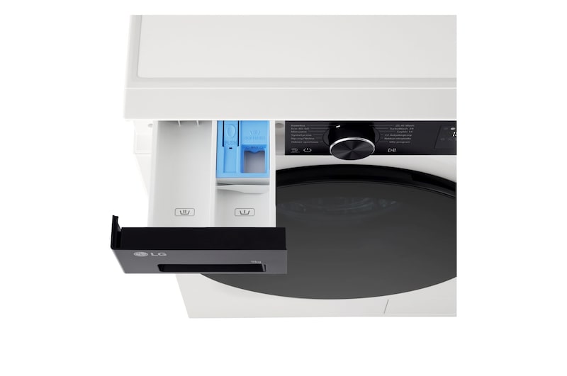Foto dall'alto con vista vaschetta detersivo aperto lavatrice Immagine frontale della lavatrice LG F2NX50S9THB Slim 9kg Serie X5 Classe A