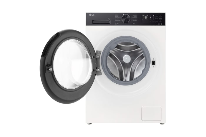 Immagine frontale con oblò aperto della lavatrice LG F2NX50S9TKB serie X5 classe A-40%