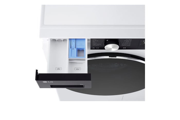 Foto dall'alto con vista vaschetta detersivo aperto lavatrice LG F2NX50S9TKC Slim 9kg Serie X5 Classe A