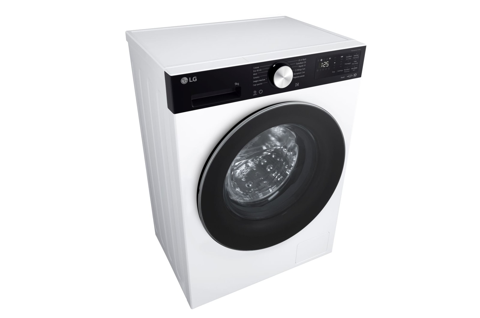 Foto con vista diagonale dall'alto della lavatrice LG F2NX50S9TKC Slim 9kg Serie X5 Classe A