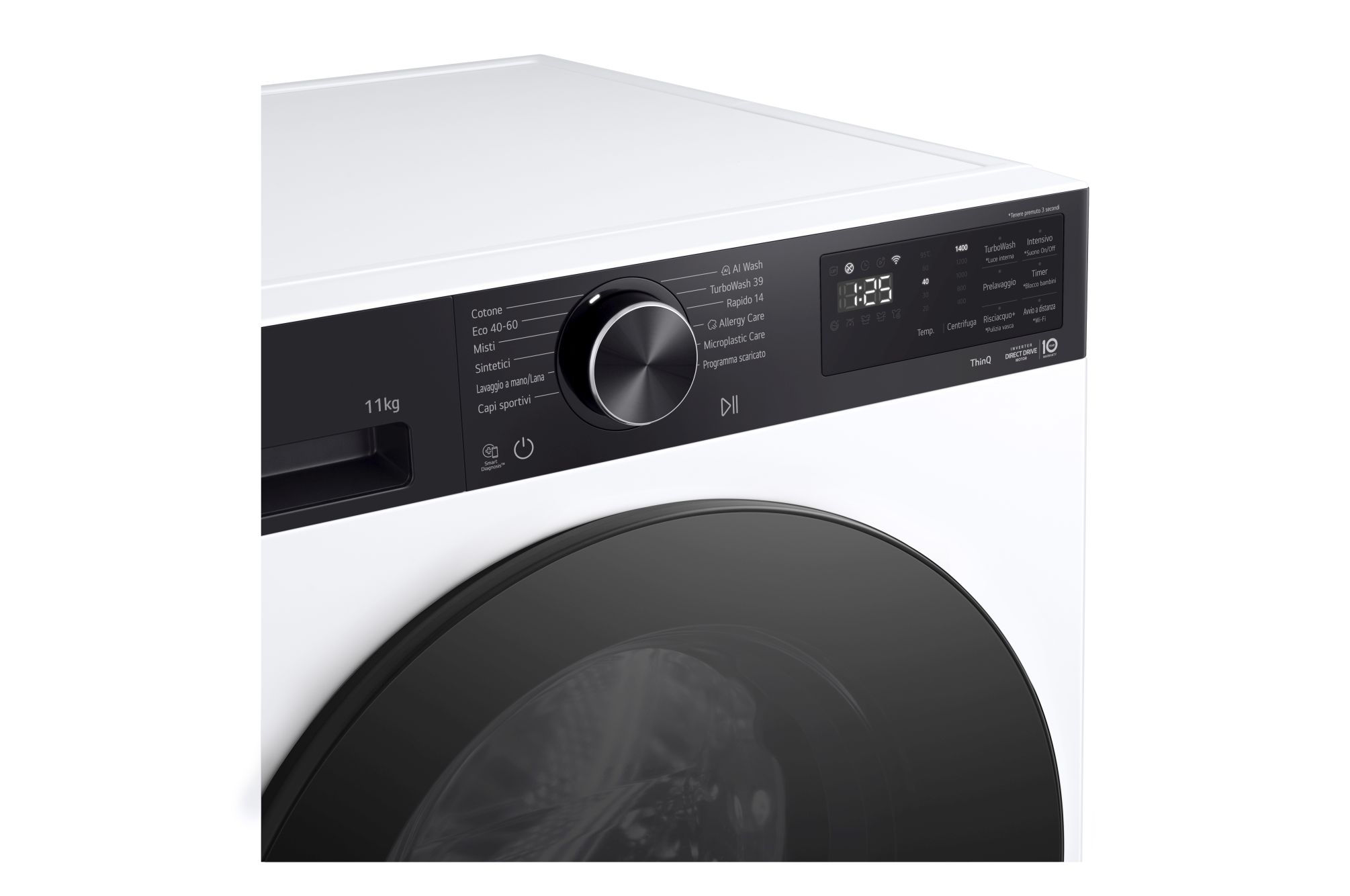 Dettaglio del pannello di controllo della lavatrice LG F4NX5009TKB