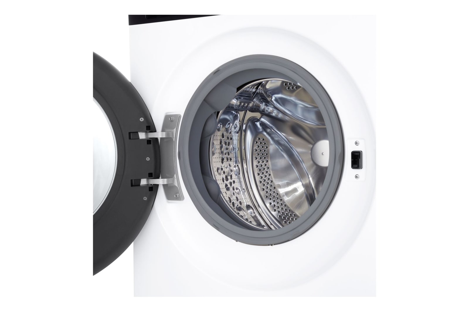 Interno del cestello in acciaio inox della lavatrice LG F4NX5009TKB con oblò aperto