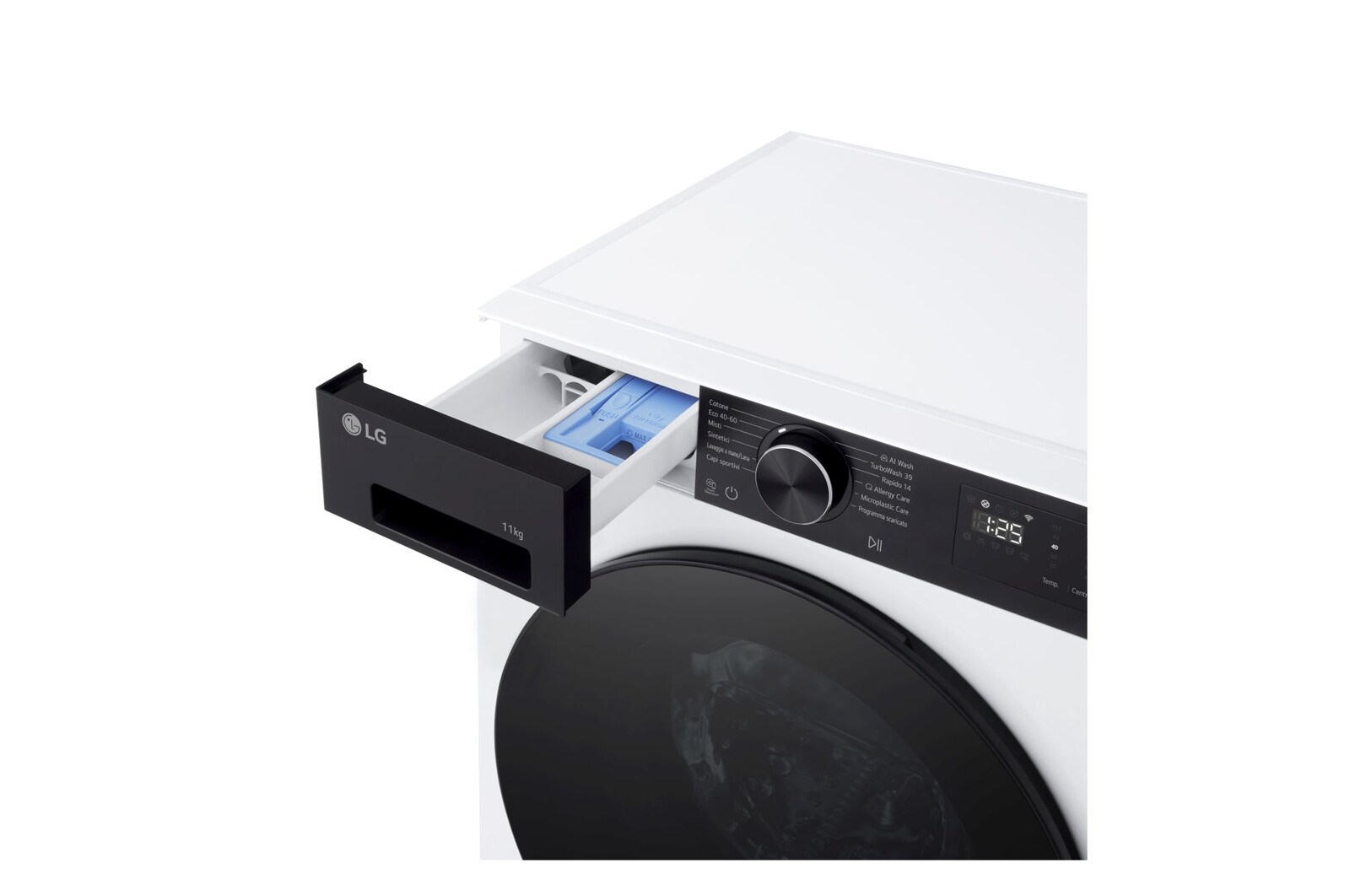 Cassetto dei detersivi aperto della lavatrice LG F4NX5011TKB