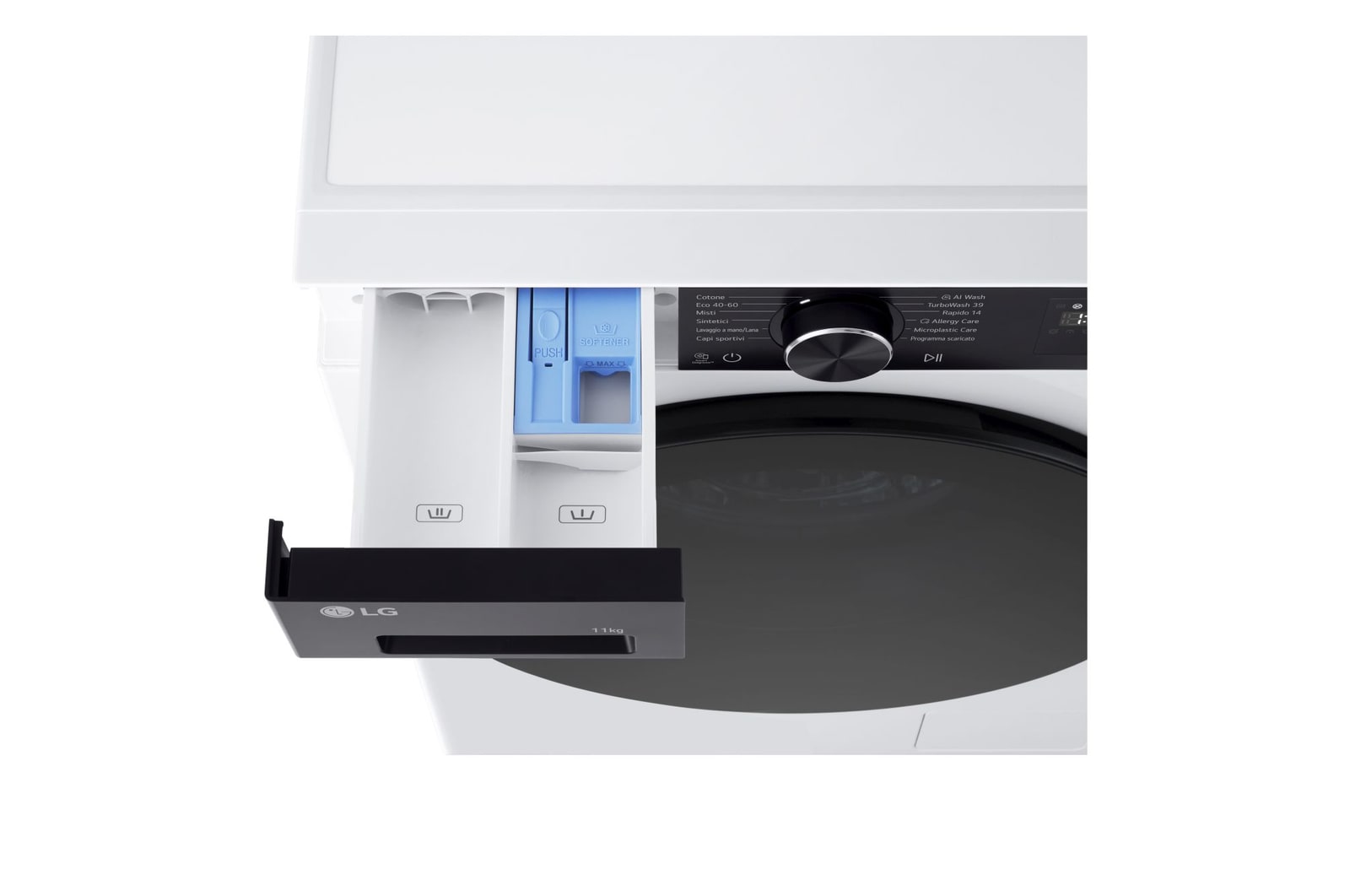 Primo piano dei vani interni del cassetto detersivo della lavatrice LG F4NX5011TKB