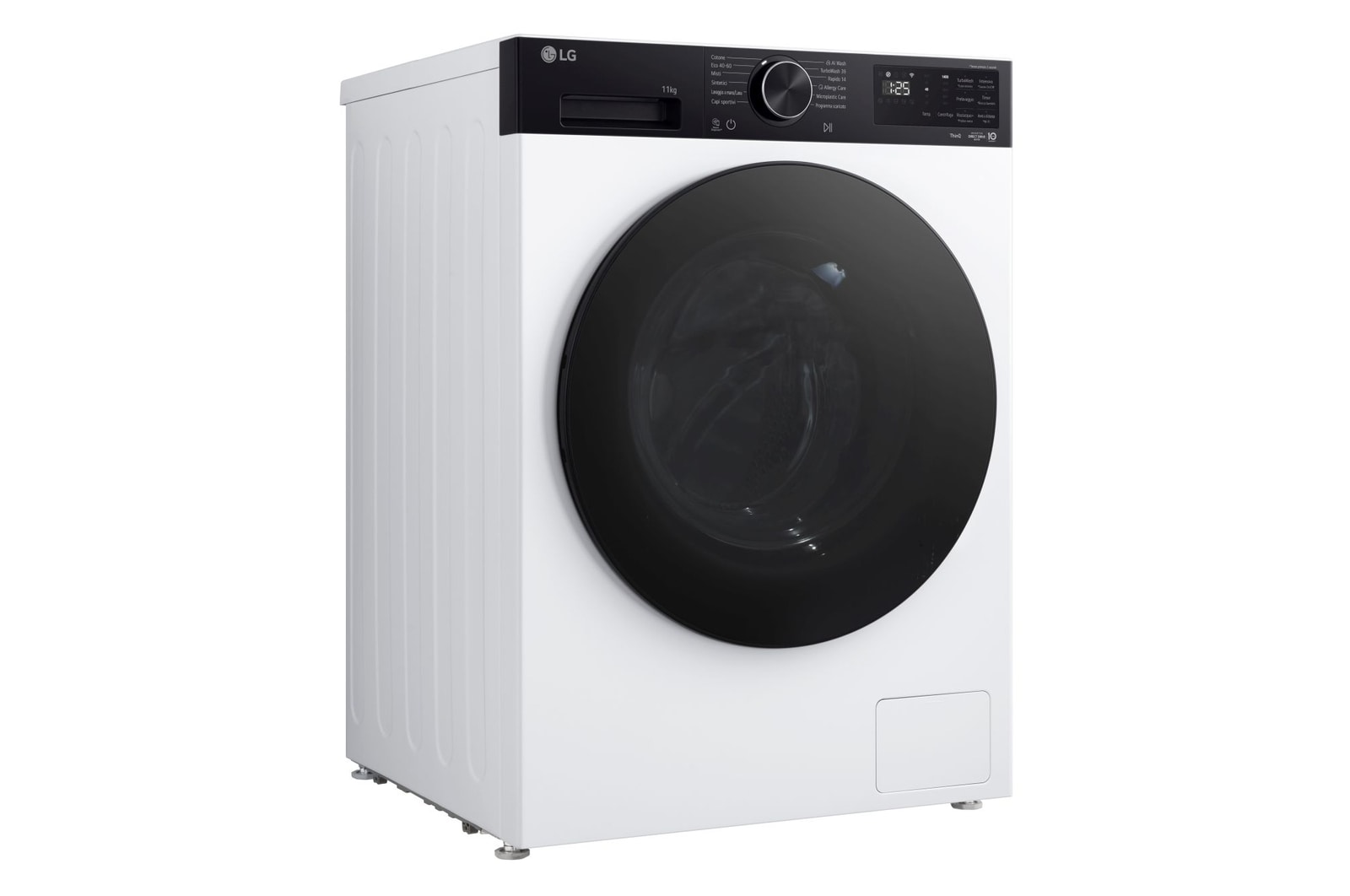 Vista di tre quarti della lavatrice LG F4NX5011TKB
