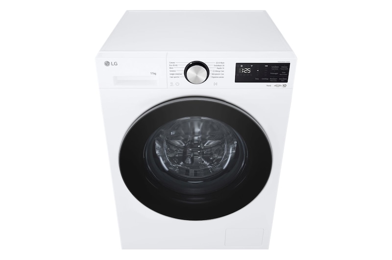 Immagine frontale della lavatrice LG F4NX5011TLC con prospettiva dall'alto