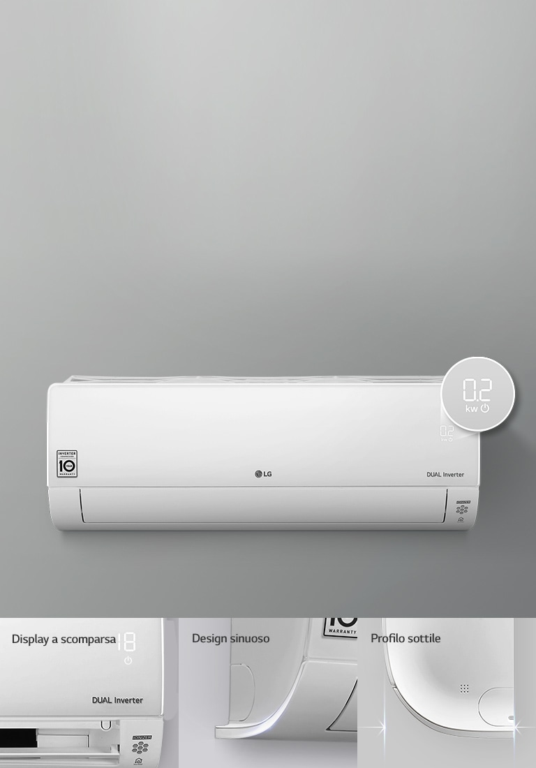 Condizionatore LG Dual Inverter bianco montato su parete grigia con display digitale e design sottile.