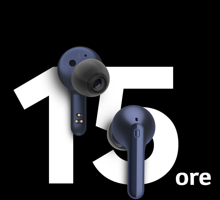 Gli auricolari sono sospesi davanti alla scritta 15 ore.