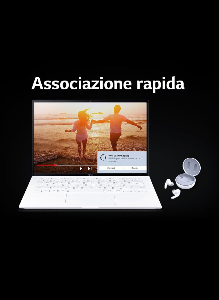 Immagine di un laptop e di TONE Free collocati sotto la scritta “Associazione rapida” e l’avviso di associazione visualizzato sullo schermo del laptop.