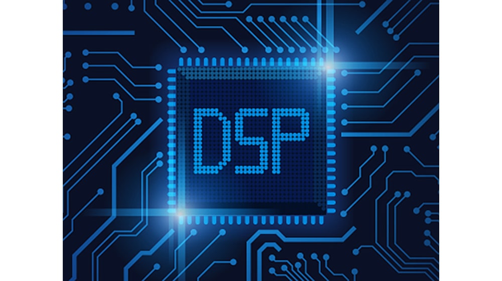 Illustrazione DSP di una scheda elettronica illuminata da una luce blu.
