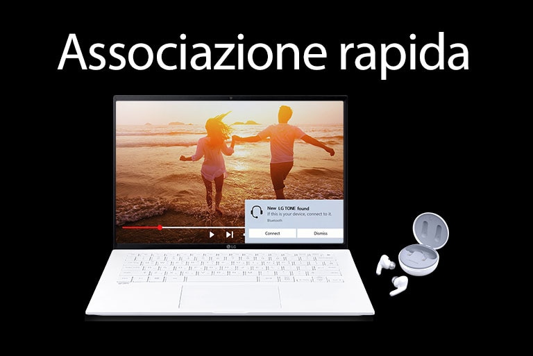 Immagine di un laptop e di TONE Free collocati sotto la scritta “Associazione rapida” e l’avviso di associazione visualizzato sullo schermo del laptop.