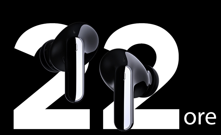 Gli auricolari sono sospesi davanti alla scritta “22hrs” (22 ore).