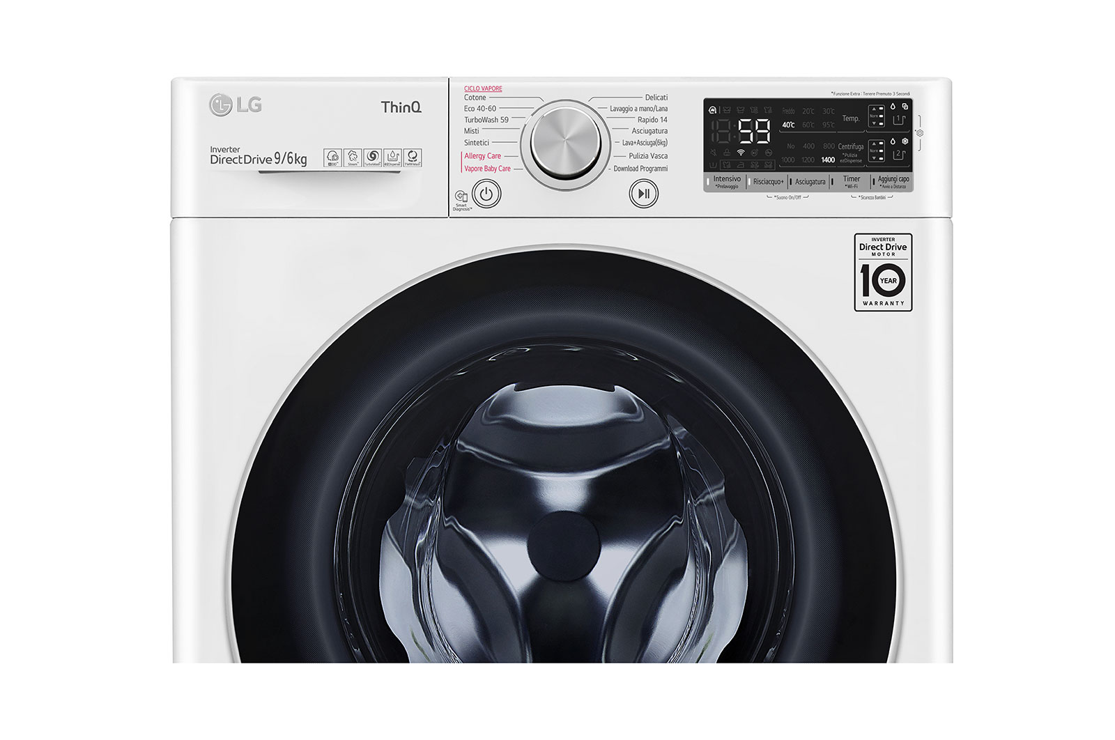 LG Lavasciuga 9/6kg AI DD | Serie V5 Classe E | 1400 giri, TurboWash, Vapore, Autodosaggio, Allergy Care, Wi-Fi | Bianca, F4DV509H1EA
