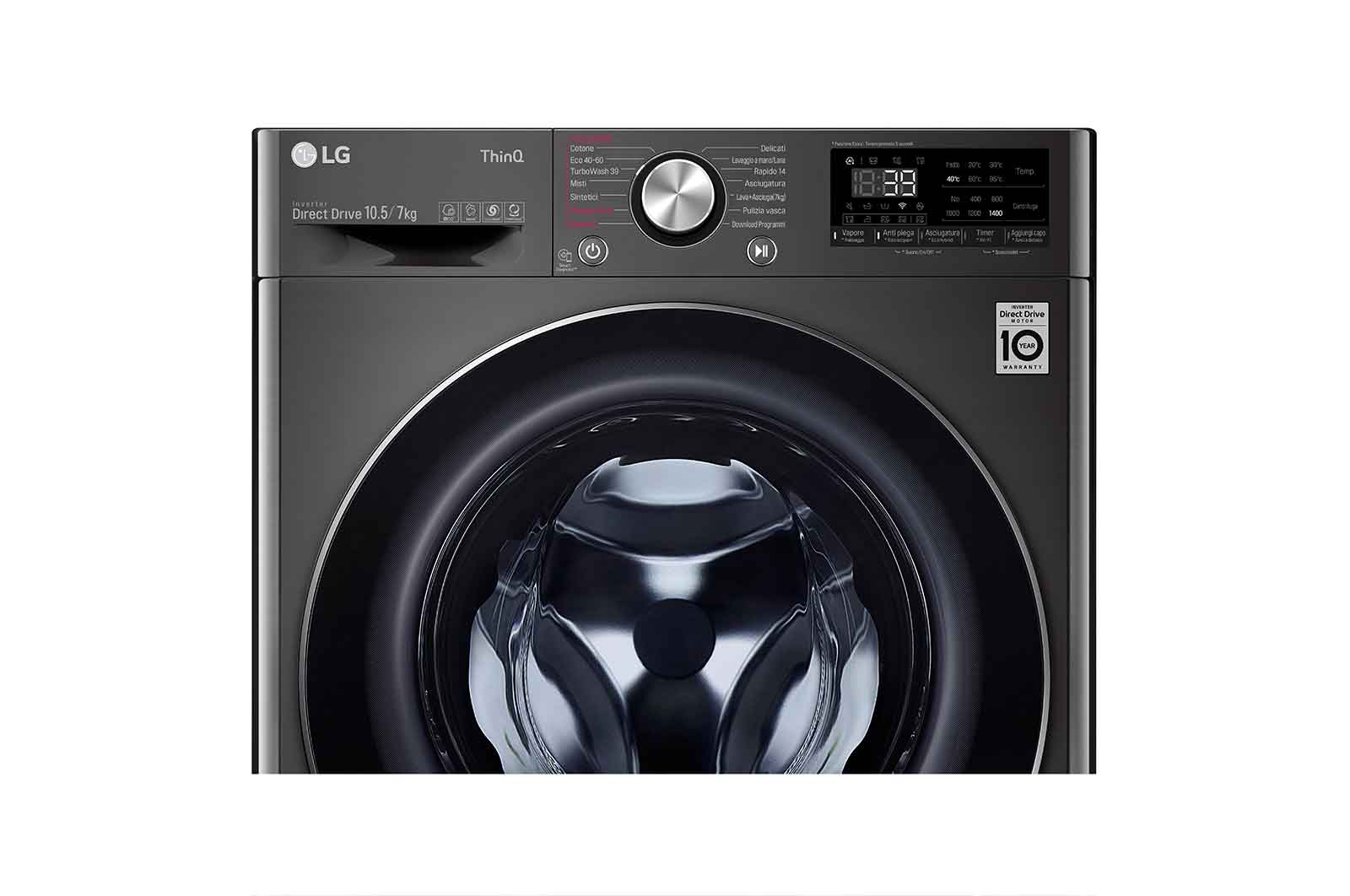 LG Lavasciuga 10,5/7kg AI DD | Serie V7 Classe E | 1400 giri, TurboWash 360, Vapore, Allergy Care, Eco Hybrid, Wi-Fi | Nera, F4DV710H2SE