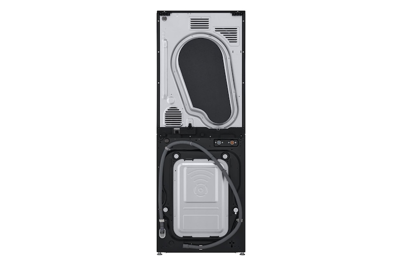Vista posteriore della WashTower Colonna Bucato LG WT1210BBF con pannelli tecnici, tubi di collegamento e componenti interni visibili.