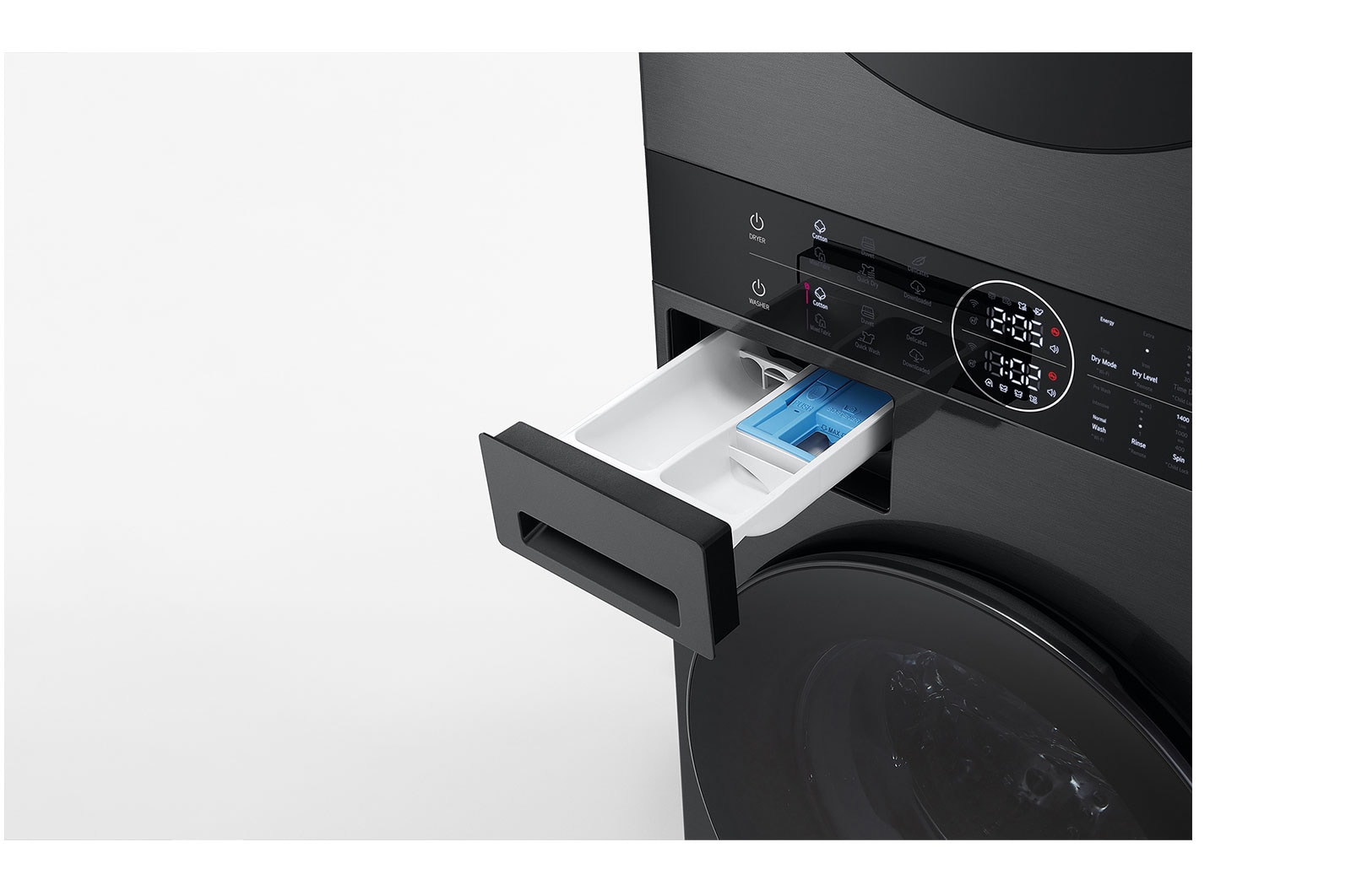 LG WashTower Colonna Bucato 12/10kg AI DD | Classe A-10% / A+++ | Pannello unificato, TurboWash360, Pompa di calore,Wi-Fi | Nera, WT1210BBF