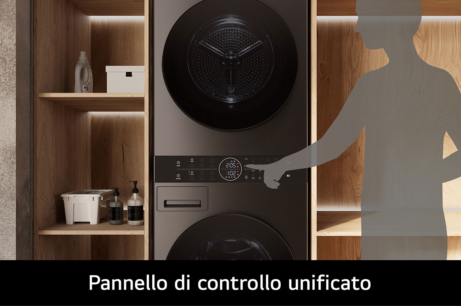 LG WashTower Colonna Bucato 12/10kg AI DD | Classe A-10% / A+++ | Pannello unificato, TurboWash360, Pompa di calore,Wi-Fi | Nera, WT1210BBF