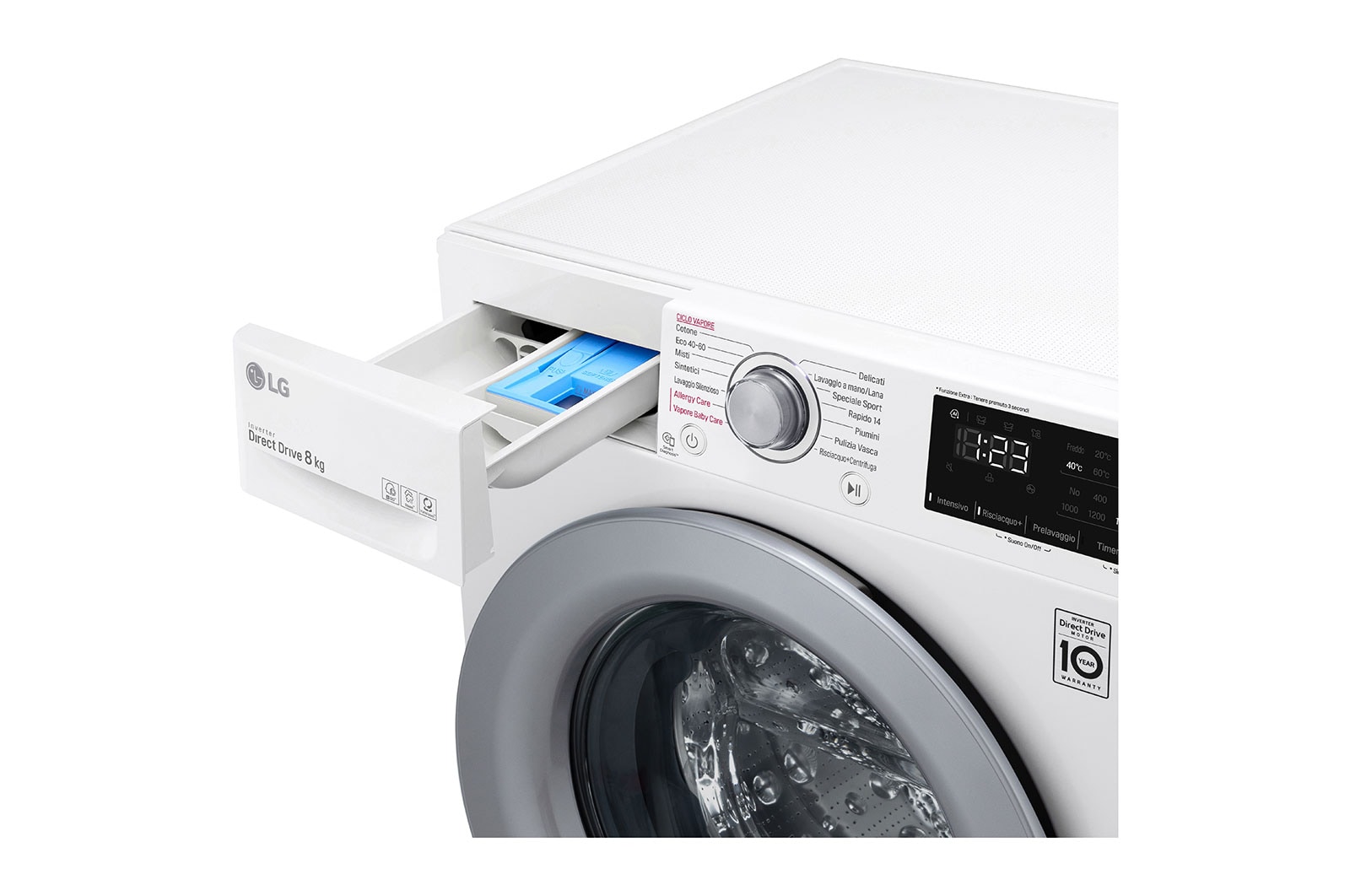 LG Lavatrice 8kg AI DD™ | Serie V3 Classe B | 1400 giri, Lavaggio a vapore, Inverter Direct Drive | White, F4WV308S4B