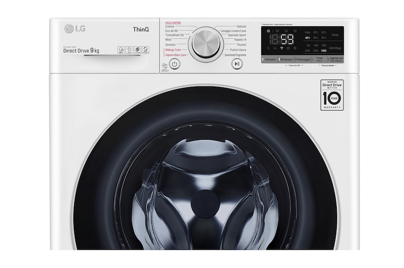 LG Lavatrice 9kg AI DD™ | Serie V5 Classe B | 1400 giri, TurboWash, Lavaggio a vapore, Wi-Fi | White, F4WV509S1E