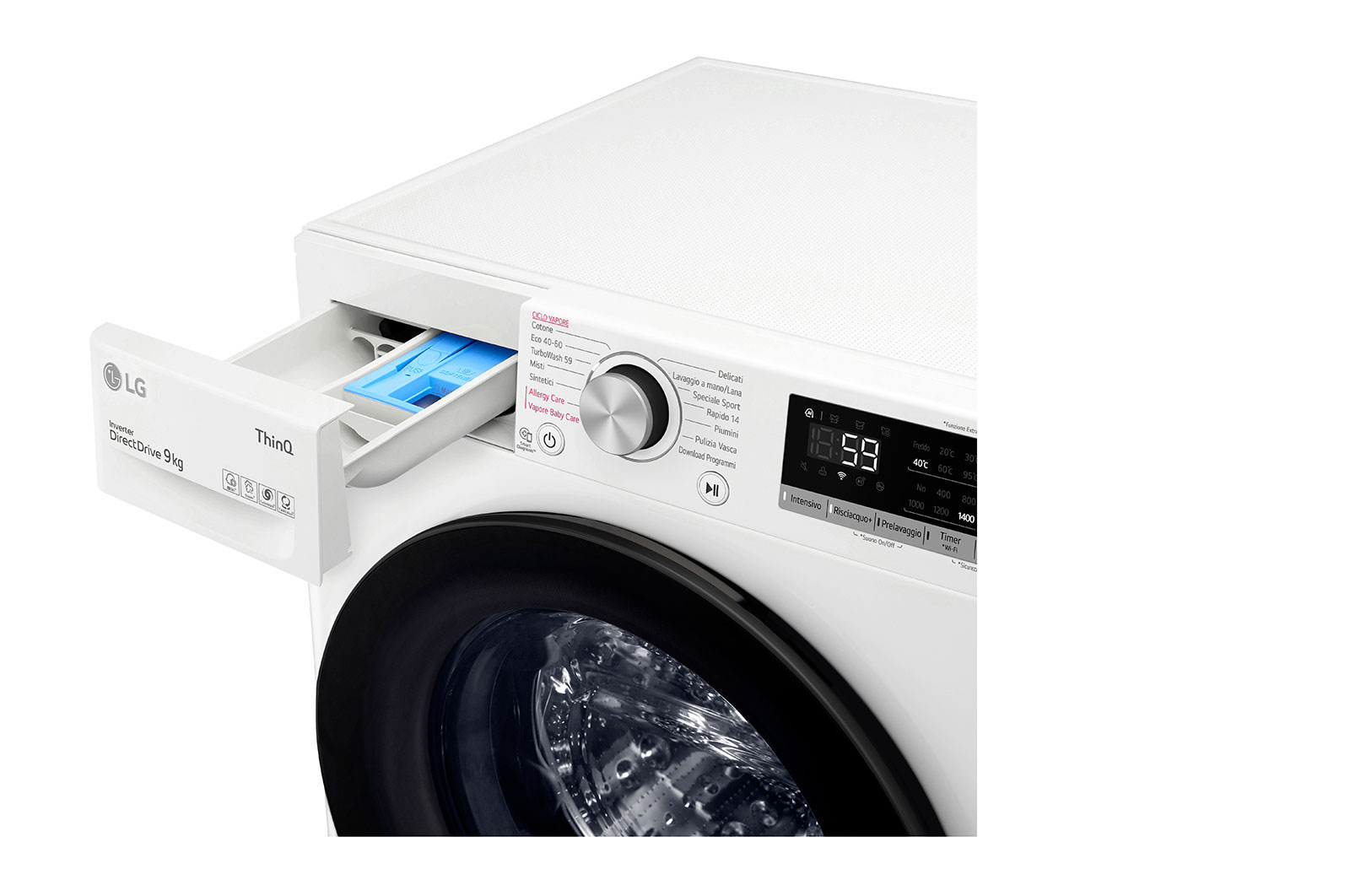 LG Lavatrice 9kg AI DD™ | Serie V5 Classe A/A/A | 1400 giri, TurboWash, Lavaggio a vapore, Wi-Fi | White, F4WV509SAE