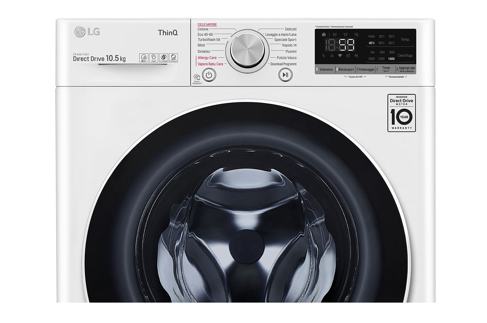 LG Lavatrice 10,5kg AI DD™ | Serie V5 Classe B | 1400 giri, TurboWash, Lavaggio a vapore, Wi-Fi | White, F4WV510S0E