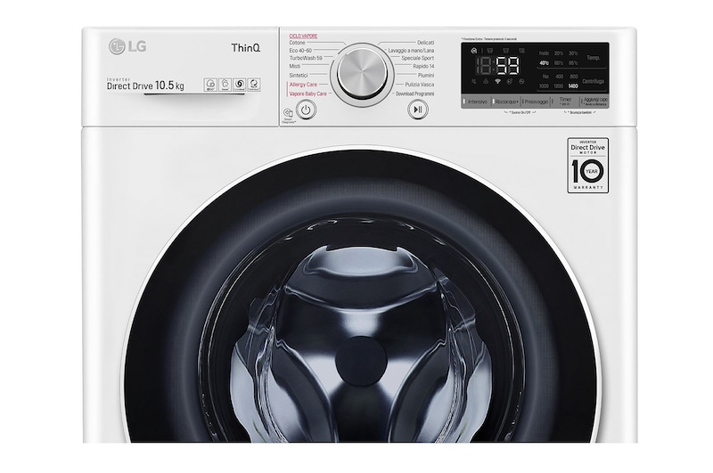 LG Lavatrice 10,5kg AI DD™ | Serie V5 Classe B | 1400 giri, TurboWash, Lavaggio a vapore, Wi-Fi | White, F4WV510S0E