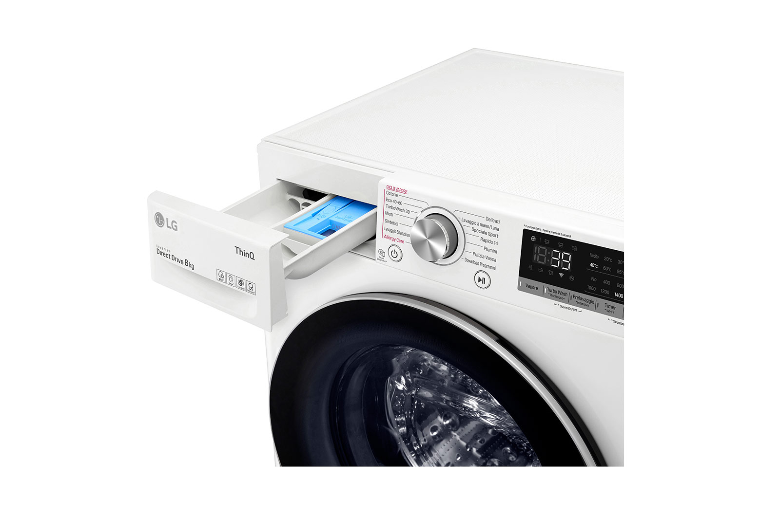 LG Lavatrice 8kg AI DD™ | Serie V7 Classe A/A/A | 1400 giri, TurboWash 360, Lavaggio a vapore, Wi-Fi | White, F4WV708S1E