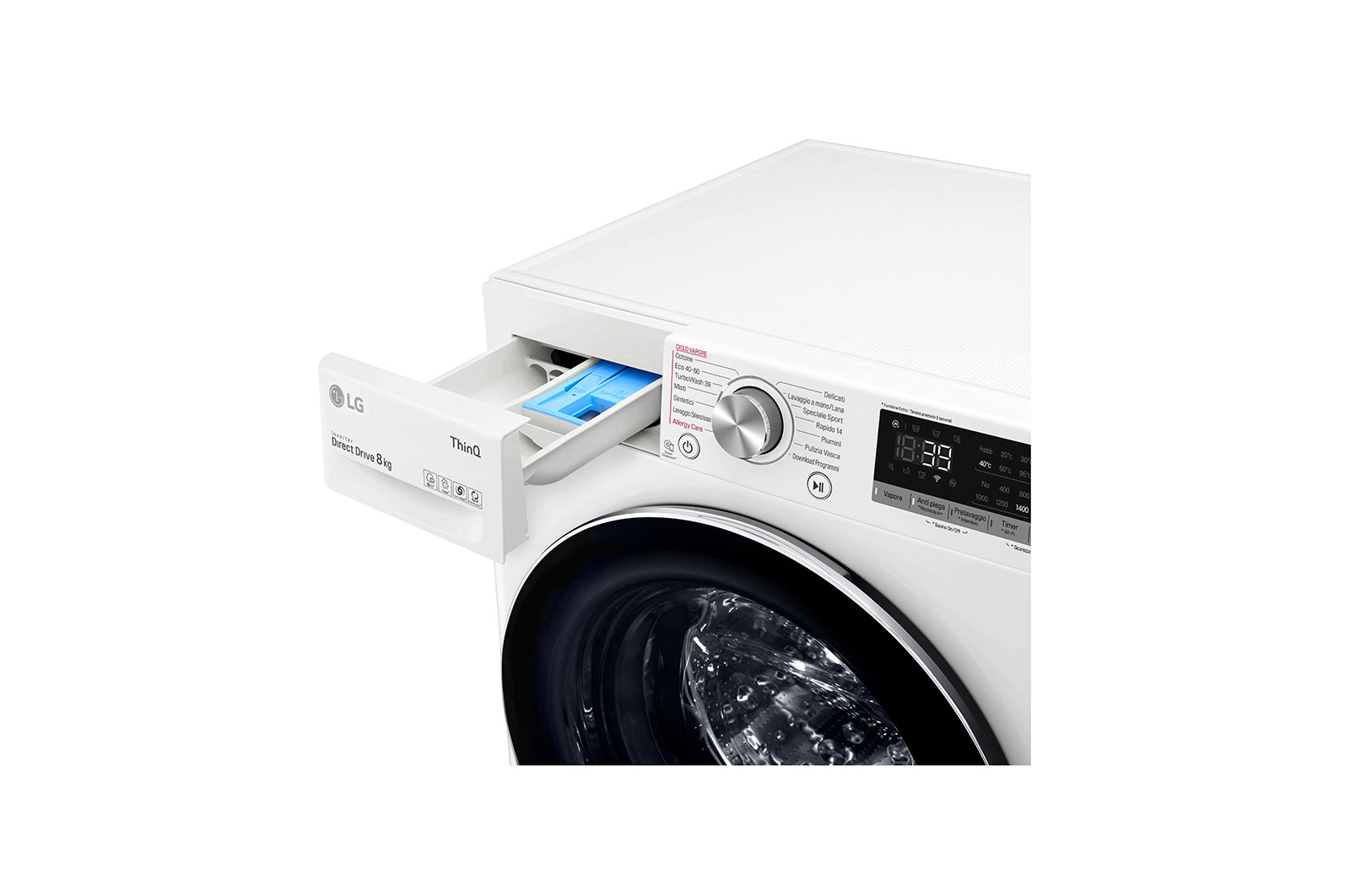 LG Lavatrice 8kg AI DD™ | Serie V7 Classe A/A/A | 1400 giri, TurboWash 360, Lavaggio a vapore, Wi-Fi | White, F4WV708S2E