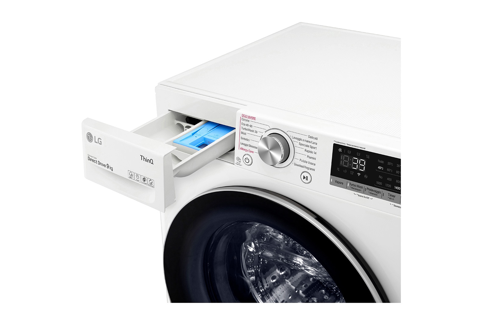 LG Lavatrice 9kg AI DD™ | Serie V7 Classe A/A/A | 1400 giri, TurboWash 360, Lavaggio a vapore, Wi-Fi | White, F4WV709S1E