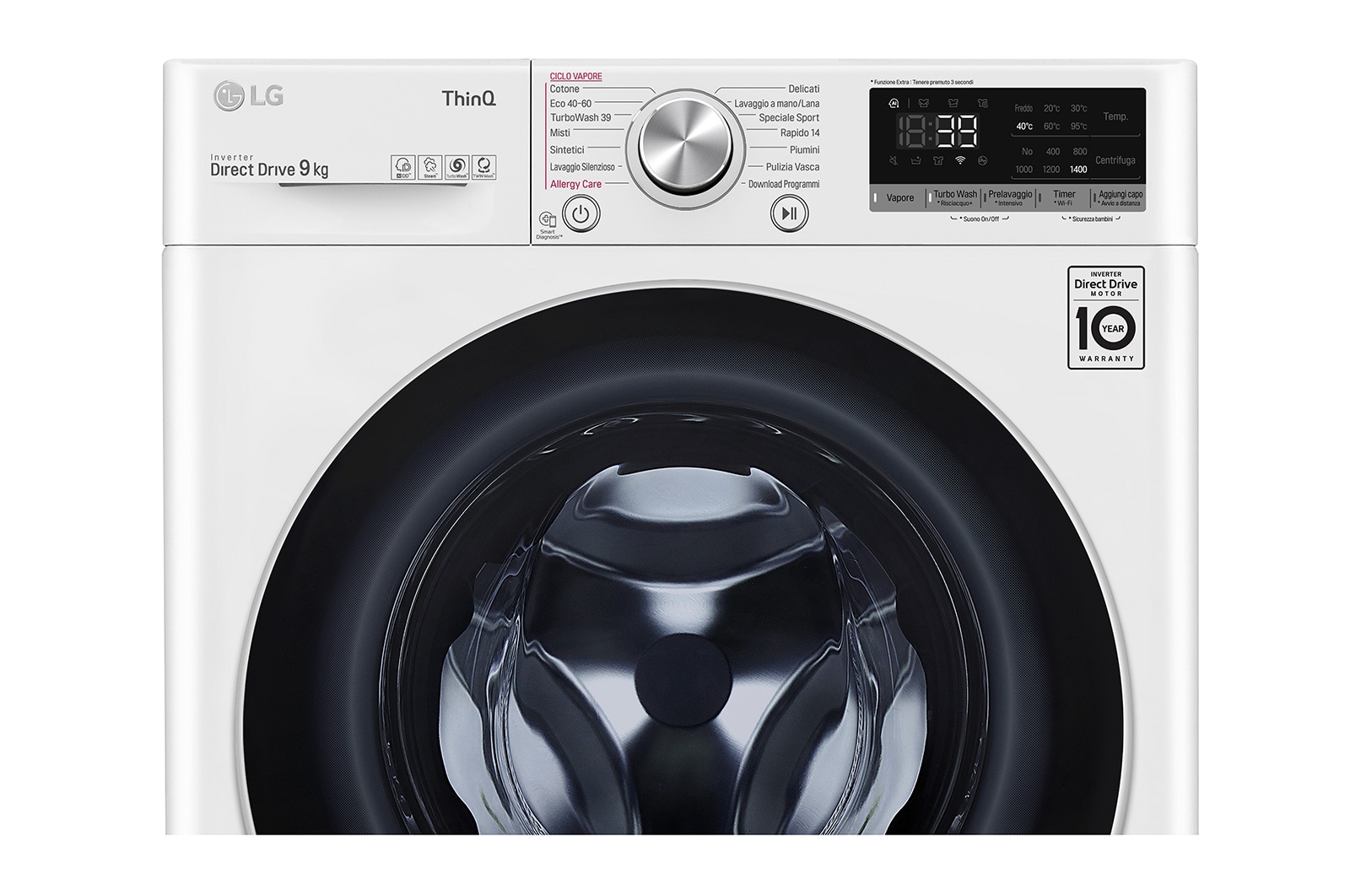 LG Lavatrice 9kg AI DD™ | Serie V7 Classe A/A/A | 1400 giri, TurboWash 360, Lavaggio a vapore, Wi-Fi | White, F4WV709S1E
