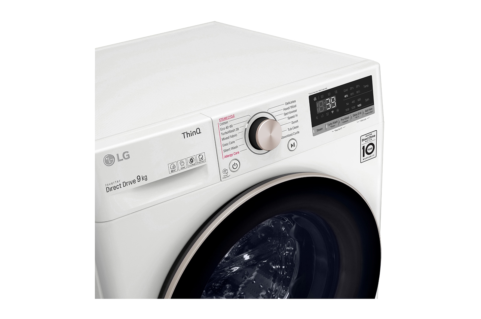 LG Lavatrice 9kg AI DD™ | Serie V7 Classe A-10%* | 1600 giri, TurboWash 360, Lavaggio a vapore, Wi-Fi | White, F6WV709SGA