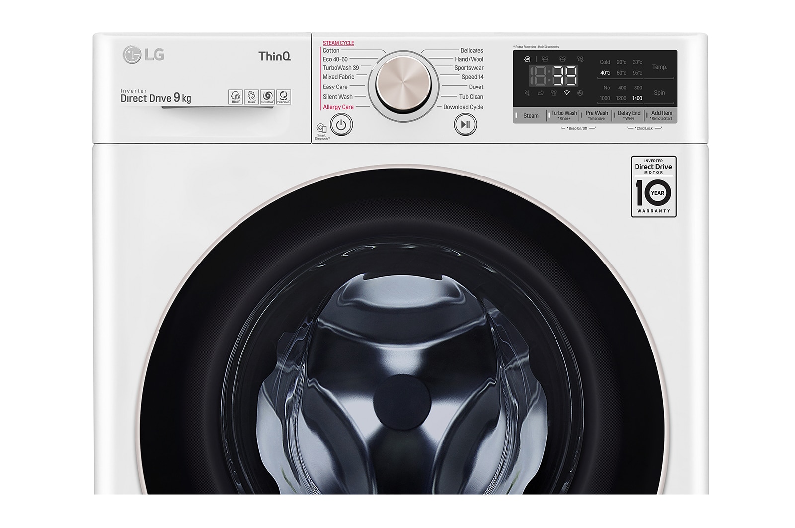 LG Lavatrice 9kg AI DD™ | Serie V7 Classe A-10%* | 1600 giri, TurboWash 360, Lavaggio a vapore, Wi-Fi | White, F6WV709SGA