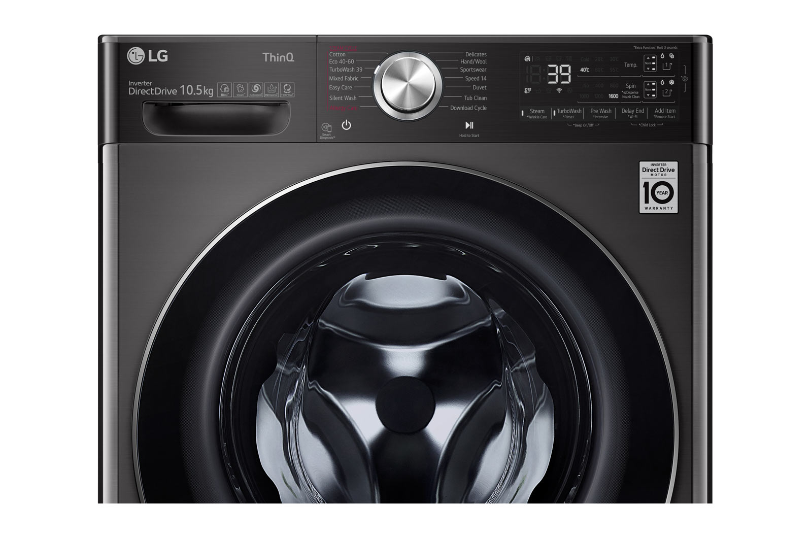 LG Lavatrice 10,5kg AI DD™ | Serie V9 Classe A | 1600 giri, TurboWash 360, Autodosaggio, Vapore antipiega, Wi-Fi | Black Steel, F6WV910P2SA