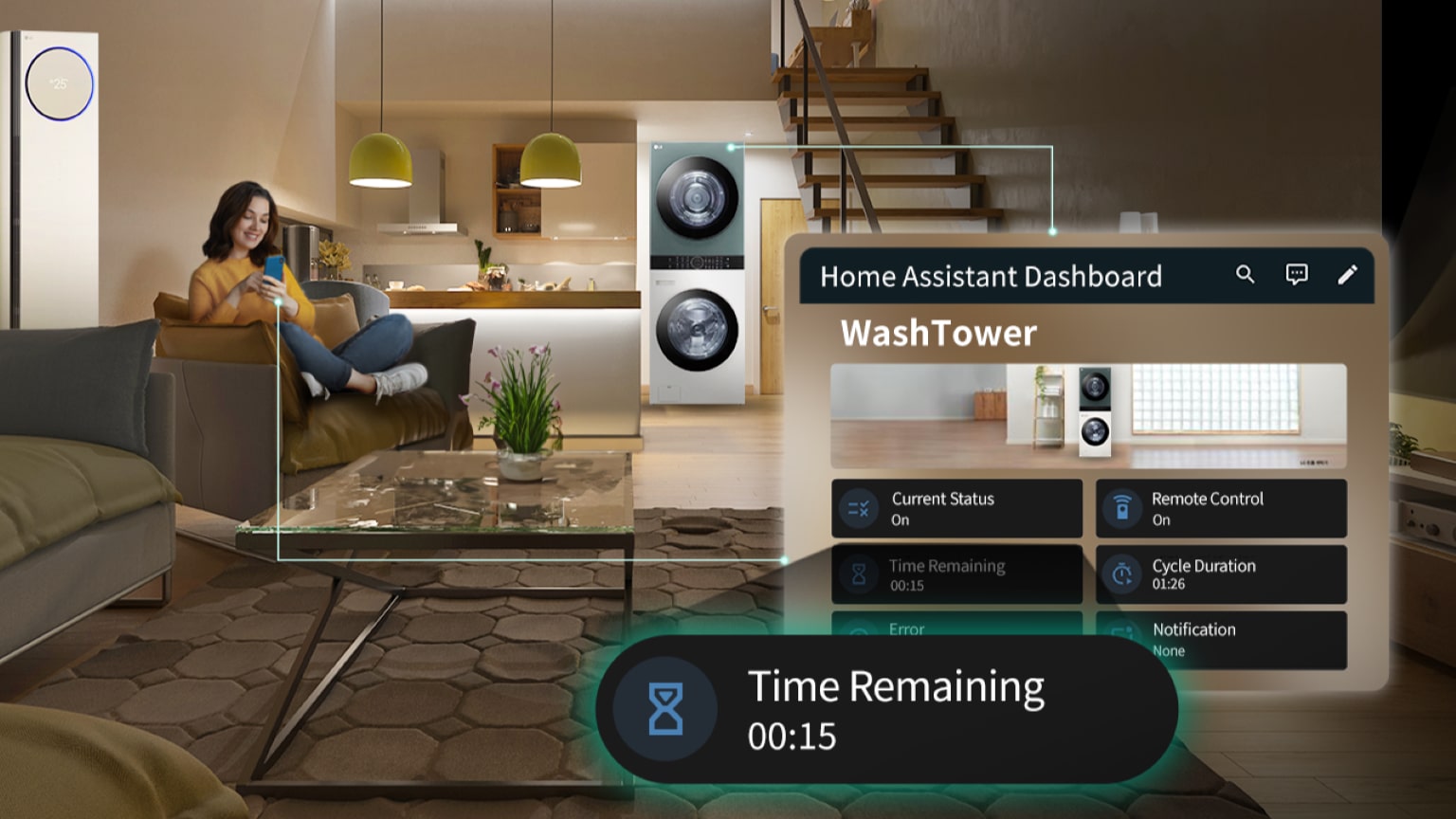bonus elettrodomestici 2025: immagine di una donna sdraiata sul divano in salotto arredato con mobili ed elettrodomestici che usa l’app ThinQ per controllare tutti gli elettrodomestici LG, washtower.