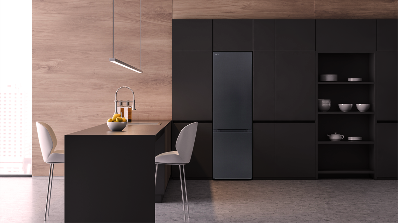 Arredamento minimal: immagine di un salotto con un tavolo da pranzo minimal e un frigorifero LG