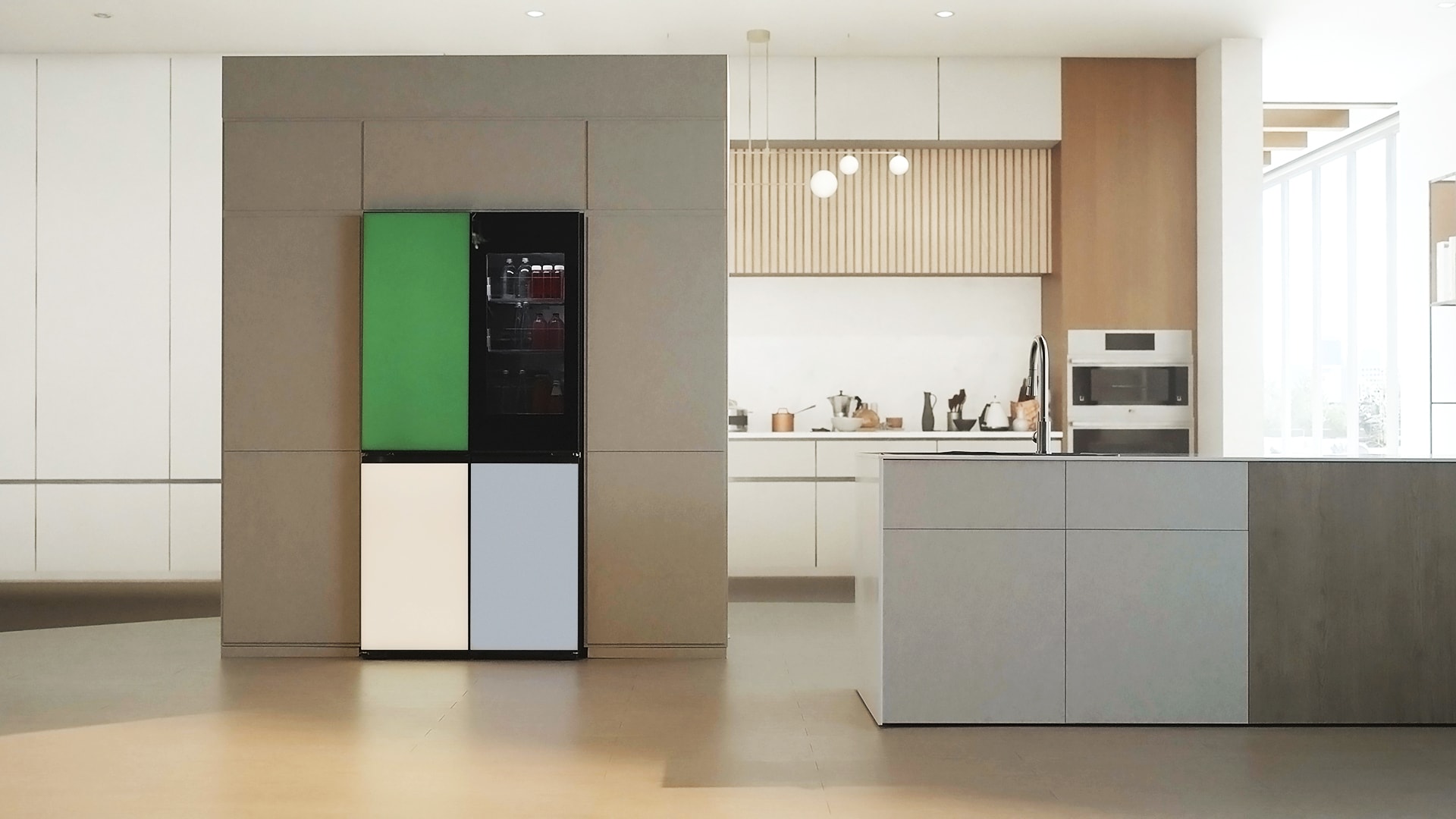 Cucina con arredamento glamour: immagine di una cucina arredata in stile glam con il frigorifero MoodUP LG