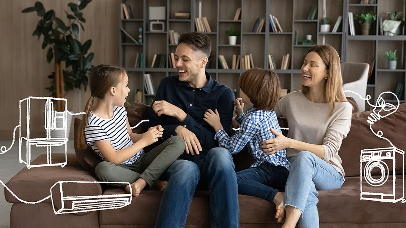 Tutti gli obiettivi di sostenibilità LG: immagine di una famiglia in casa con immagini di prodotti LG. 