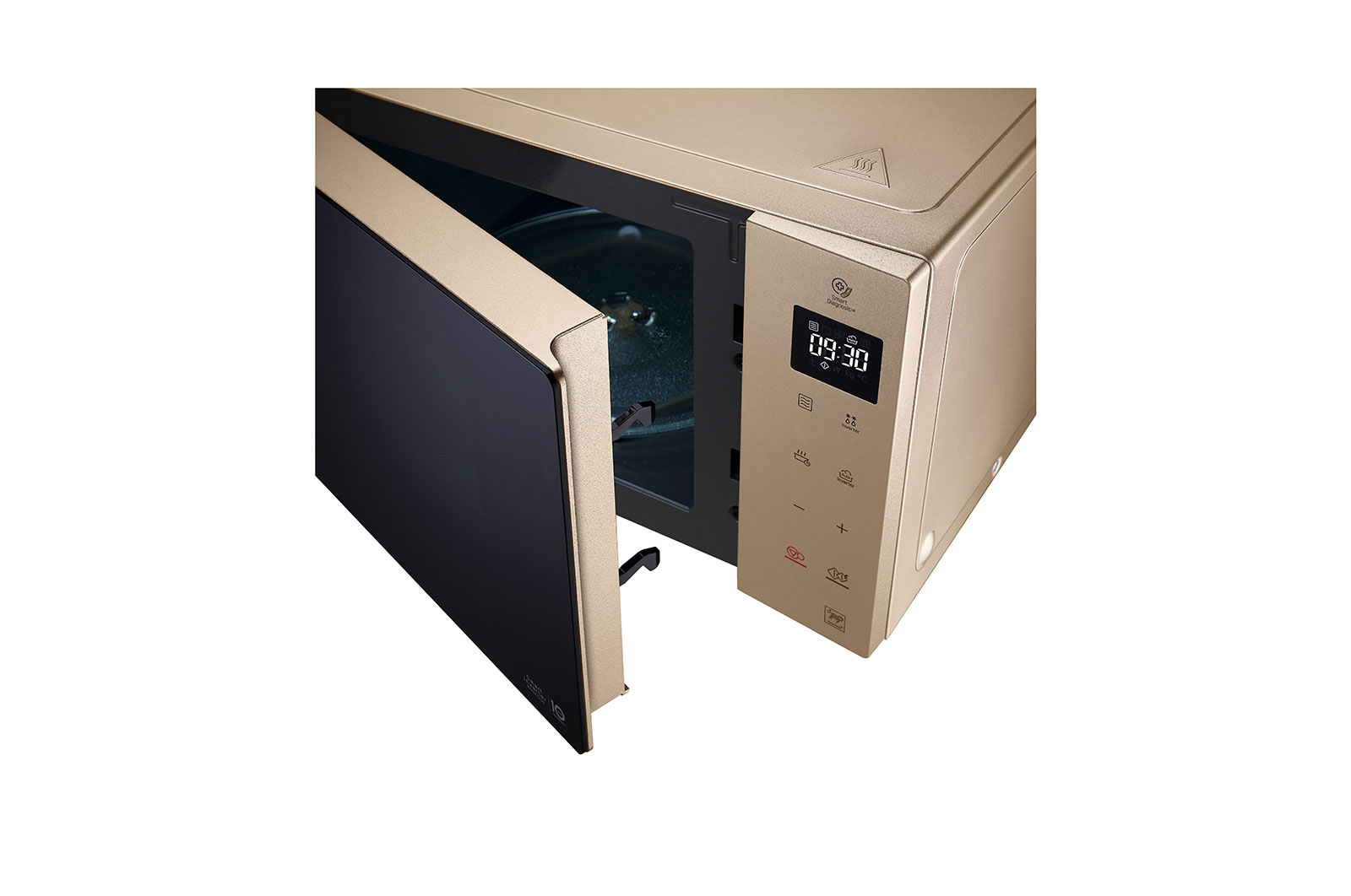 Foto microonde LG MH6535GISA semiaperto con vista inclinata dall'alto