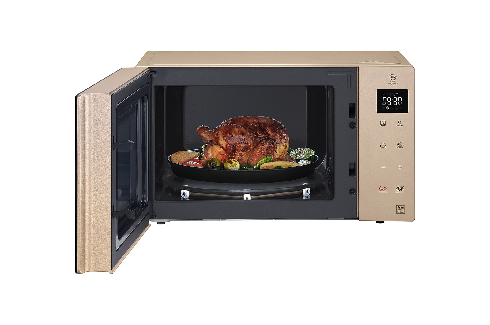 Foto frontale microonde LG MH6535GISA aperto con all'interno del cibo