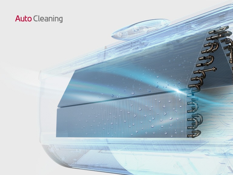 L’aria circola all’interno dell’apparecchio ed eventuali residui, particelle e umidità vengono catturati nei filtri. Il sistema di Autopulizia entra in funzione e pulisce l’apparecchio come mostrato dalla luce che scorre all’interno. La scritta Auto Cleaning è riportata in alto a sinistra.