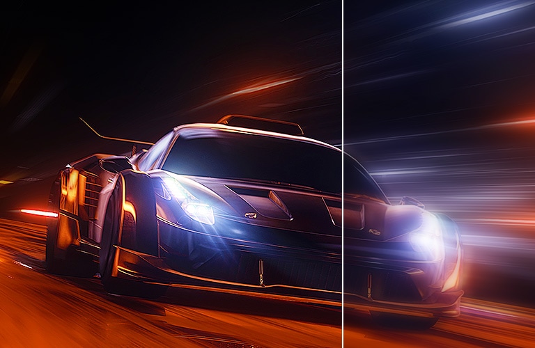 L’immagine descrive la frequenza di aggiornamento 144Hz. Metà dell'immagine mostra in modo chiaro l'auto veloce, mentre l'altra metà mostra quella schiacciata.