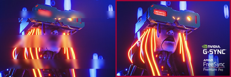 L’immagine di sinistra simula il caso in cui le funzionalità NVIDIA® G-SYNC® e AMD FreeSync™ Premium Pro non sono applicate. L’immagine di destra simula la scena con una riduzione del tearing e dello stuttering sullo schermo grazie all'applicazione delle tecnologie NVIDIA® G-SYNC® e AMD FreeSync™ Premium Pro.