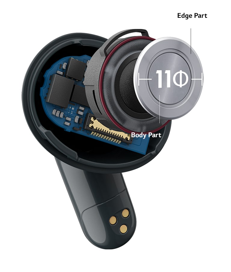 An interior shot of the T90 earbud showing the location of the 11Φ driver.