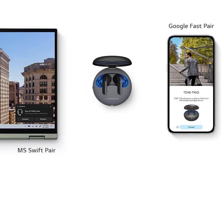 Un video che mostra degli anelli intorno alla custodia rappresenta l'effetto di associazione e sul laptop e sullo smartphone viene visualizzata una finestra pop-up relativa all’associazione.