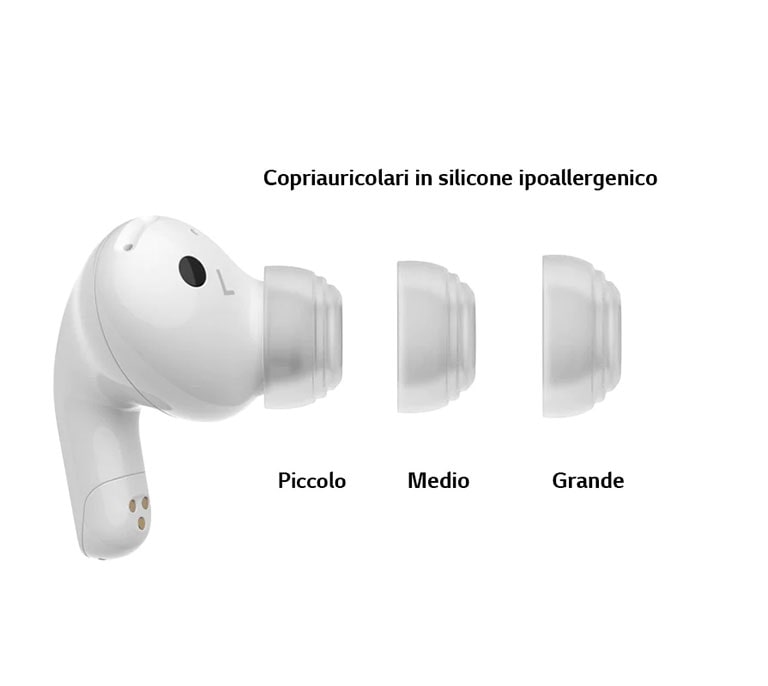 Una vista laterale dell'auricolare con le tre taglie di cuscinetti copriauricolare in gel.
